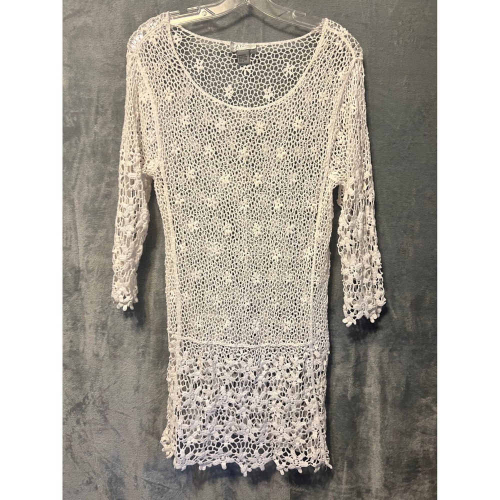 J J Valdi White Crochet Swim Cover Up Tunic Dress Cotton 3/4 Sleeve Medium